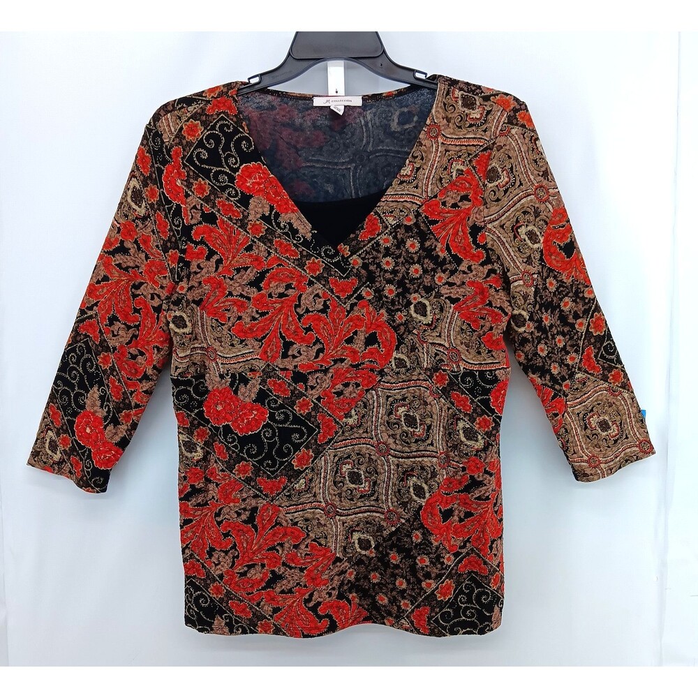 JM Collection Blouse Women Large Black Red Floral 3/4 Sleeve V Neck Top